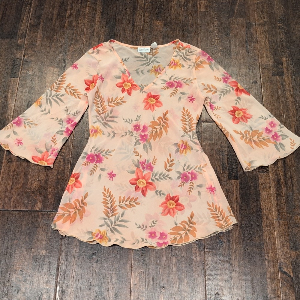 Vintage Kathryn Sheer Pink Floral Bell Sleeve‎ Top Womens M Tie Side Slit Flowy